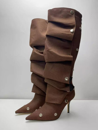 ブラウン ニーハイブーツ レディース ポインテッドトゥ 取り外し可能なデザイン ハイヒール 膝丈ブーツ