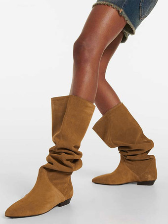 ブラウン レディース スエード スラウチブーツ ラウンドトゥ フラット ミッドクラフブーツ