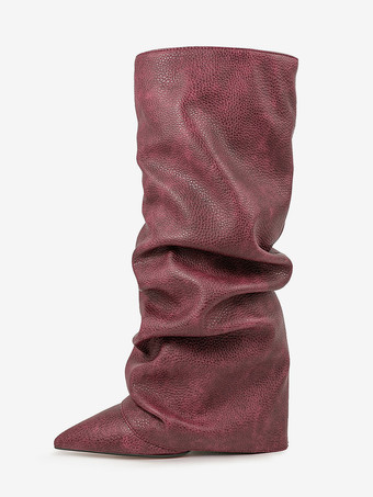 ワインレッド ニーブーツ レディース PUレザー チャンキーヒール ニーハイブーツ