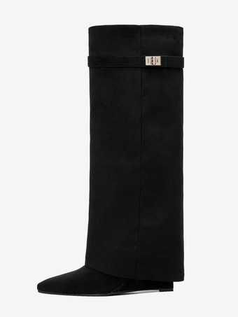 ブラック 膝丈ブーツ レディース マイクロスエードアッパー メタルディテール ニーハイブーツ