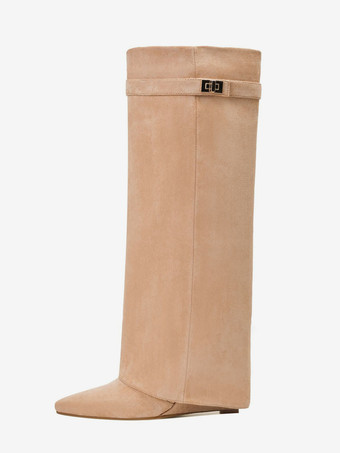 膝丈ブーツ レディース マイクロスエードアッパー メタルディテール ニーハイブーツ