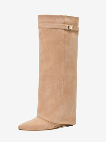 アプリコット膝丈ブーツ レディース マイクロスエードアッパー メタルディテール ニーハイブーツ