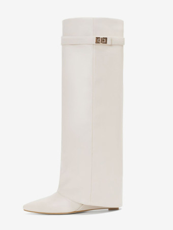 アイボリー 膝丈ブーツ レディース PUレザー メタルディテール ニーハイブーツ
