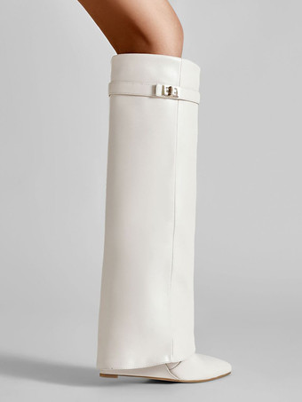 膝丈ブーツ レディース PUレザー メタルディテール ニーハイブーツ