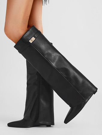 膝丈ブーツ レディース PUレザー メタルディテール ニーハイブーツ