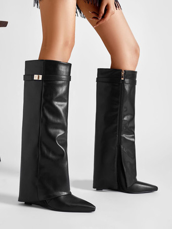 膝丈ブーツ レディース PUレザー メタルディテール ニーハイブーツ