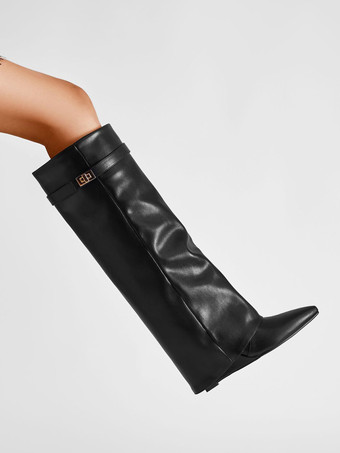 膝丈ブーツ レディース PUレザー メタルディテール ニーハイブーツ