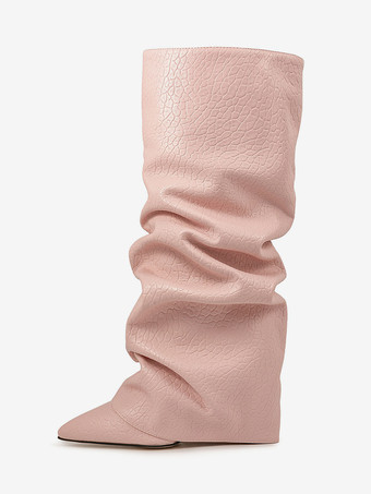 ピンクニーブーツ レディース PUレザー チャンキーヒール ニーハイブーツ