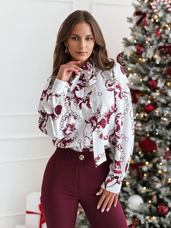 蝶結びランタン付き花柄ブラウス 長袖 無地 春シャツ レディース 2025