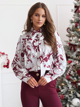 レッド 蝶結びランタン付き花柄ブラウス 長袖 無地 春シャツ レディース 2025