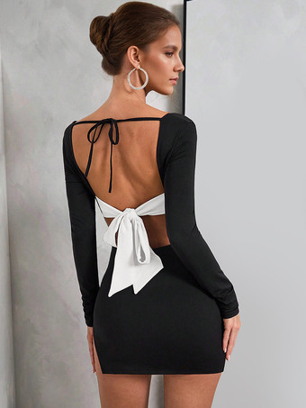 サイドスリットドレス、ブラック、リボンディテール、長袖、カラーブロック、セクシーなボディコンミニドレス、レディース 2025
