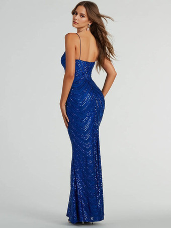 マーメイド スパンコール ドレス ブルー ディープ V ネック スパゲッティ ストラップ ロング フォーマル ドレス レディース 2025