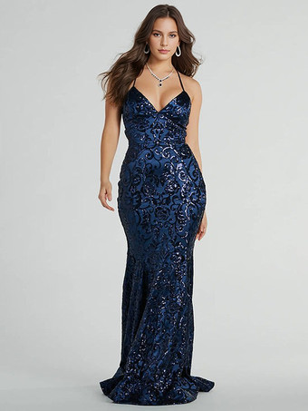 ディープブルーマーメイド スパンコール ドレス ディープ V ネック スパゲッティ ストラップ レースアップ フォーマル パーティー フロア丈 ロングドレス レディース 2025