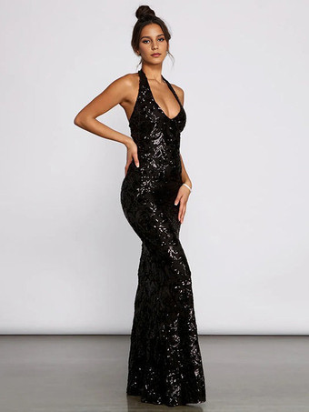 スパンコール スクロール ホルター ドレス ブラック ディープ V ネック マーメイド シルエット フォーマル パーティー ロング ドレス レディース 2025