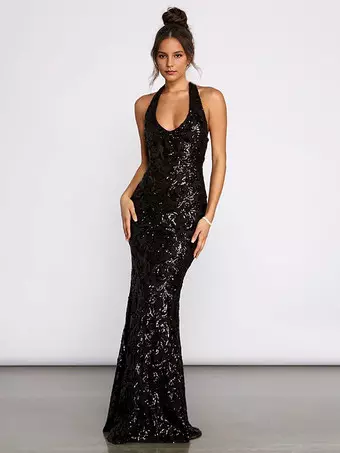 Sequin Scroll Halter Dress In Black Deep V-neck Mermaid Silhouette Formal  Party Long Dress For Women 2026 - Milanoo.com