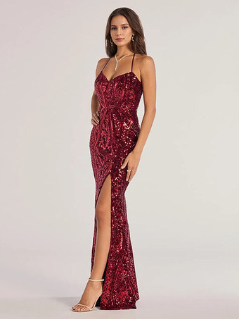 Sequin Mermaid Dress In Burgundy High Slit Sweetheart Neckline Tie-back Halter Straps Formal Party Long Dress For Women 2025