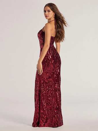 Sequin Mermaid Dress In Burgundy High Slit Sweetheart Neckline Tie-back Halter Straps Formal Party Long Dress For Women 2025