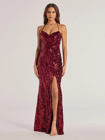 Burgundy Sequin Mermaid Dress In Burgundy High Slit Sweetheart Neckline Tie-back Halter Straps Formal Party Long Dress For Women 2025