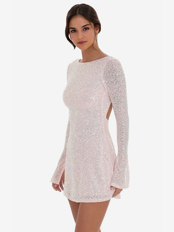 スパンコールミニドレス オープンバック ロングスリーブ Aライン バースデーパーティードレス レディース 2025