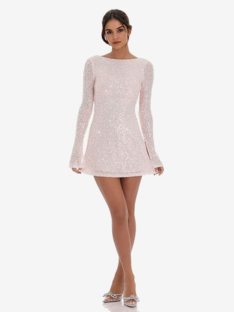 ピンクスパンコールミニドレス オープンバック ロングスリーブ Aライン バースデーパーティードレス レディース 2025