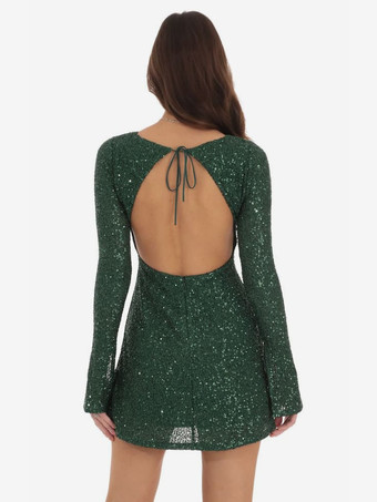 スパンコールミニドレス オープンバック ロングスリーブ Aライン バースデーパーティードレス レディース 2025