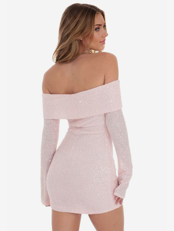 Pailletten-Bodycon-Kleid in zartem Rosa schulterfrei langärmlig Minikleid für Geburtstagspartys für Frauen 2025