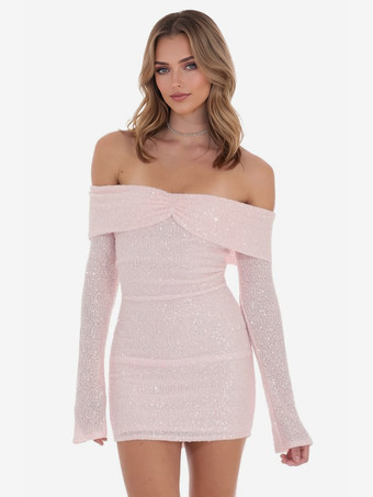 RosaPailletten-Bodycon-Kleid in zartem Rosa schulterfrei langärmlig Minikleid für Geburtstagspartys für Frauen 2025