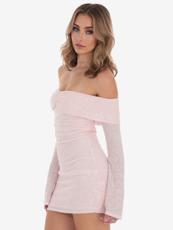 Pailletten-Bodycon-Kleid in zartem Rosa schulterfrei langärmlig Minikleid für Geburtstagspartys für Frauen 2025