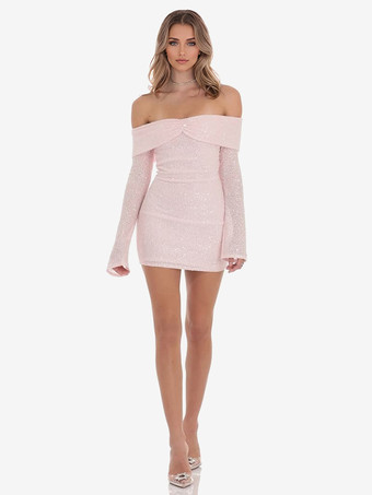 Pailletten-Bodycon-Kleid in zartem Rosa schulterfrei langärmlig Minikleid für Geburtstagspartys für Frauen 2025