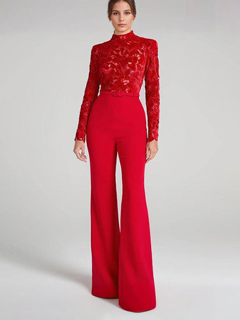 レーストップ付きレッドジャンプスーツ、ハイネック、長袖、フレアレッグ、セミフォーマル、女性用パーティーウェア 2025
