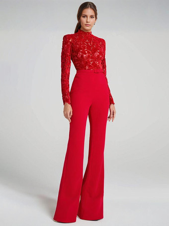 レッド レーストップ付きレッドジャンプスーツ、ハイネック、長袖、フレアレッグ、セミフォーマル、女性用パーティーウェア 2025