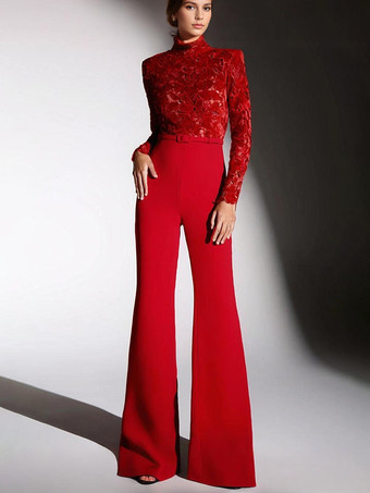 レーストップ付きレッドジャンプスーツ、ハイネック、長袖、フレアレッグ、セミフォーマル、女性用パーティーウェア 2025