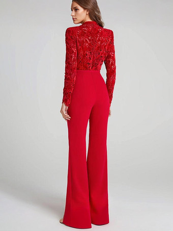 レーストップ付きレッドジャンプスーツ、ハイネック、長袖、フレアレッグ、セミフォーマル、女性用パーティーウェア 2025