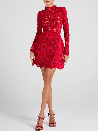 レースドレス ハイネック 長袖 誕生日パーティー 春 ミニドレス レディース 2025