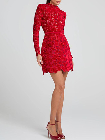 レースドレス ハイネック 長袖 誕生日パーティー 春 ミニドレス レディース 2025