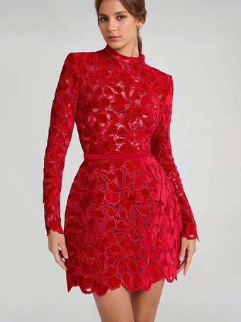 レースドレス ハイネック 長袖 誕生日パーティー 春 ミニドレス レディース 2025