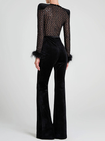 フェザーカフベルベットジャンプスーツ、パッド入りショルダー、長袖、春フォーマルパーティーウェア、女性用 2025