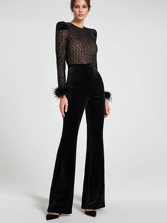 フェザーカフベルベットジャンプスーツ、パッド入りショルダー、長袖、春フォーマルパーティーウェア、女性用 2025