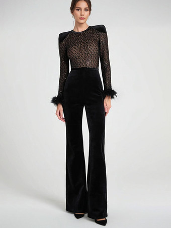 ブラック フェザーカフベルベットジャンプスーツ、パッド入りショルダー、長袖、春フォーマルパーティーウェア、女性用 2025