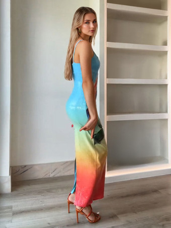 トロピカルプリントのバックスリット入りスパンコールミディドレス、夏休みボディコンストラップドレス、女性用 2025