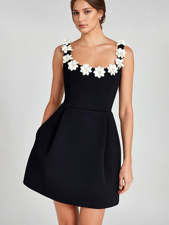 ホワイト＋ブラック花飾り付きAラインドレス ノースリーブ バックレス バースデーパーティー ミニバドドレス レディース 2025