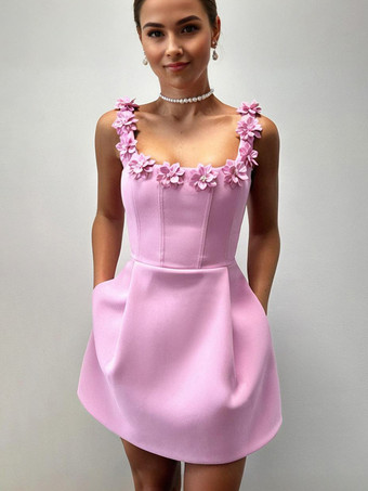 ピンク花飾り付きAラインドレス ノースリーブ バックレス バースデーパーティー ミニバドドレス レディース 2025