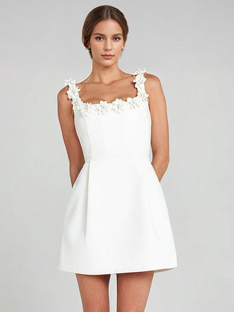 ホワイト 花飾り付きAラインドレス ノースリーブ バックレス バースデーパーティー ミニバドドレス レディース 2025