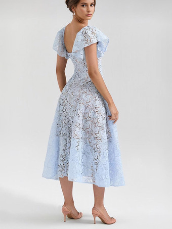 ブルー レース ドレス バタフライ スリーブ スウィートハート ネックライン バースデー パーティー A ライン シアー ミディ ドレス レディース 2025