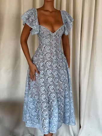 ブルー レース ドレス バタフライ スリーブ スウィートハート ネックライン バースデー パーティー A ライン シアー ミディ ドレス レディース 2025