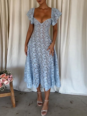 ブルー レース ドレス バタフライ スリーブ スウィートハート ネックライン バースデー パーティー A ライン シアー ミディ ドレス レディース 2025