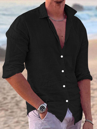 ブラック メンズ 長袖 キューバシャツ ボタンダウン カジュアル 夏 ビーチ リネンシャツ