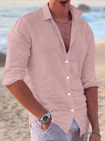 カメオピンクメンズ 長袖 キューバシャツ ボタンダウン カジュアル 夏 ビーチ リネンシャツ