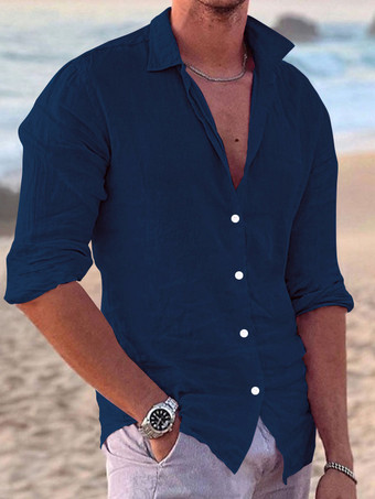 ダークネイビーメンズ 長袖 キューバシャツ ボタンダウン カジュアル 夏 ビーチ リネンシャツ