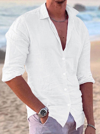 ホワイト メンズ 長袖 キューバシャツ ボタンダウン カジュアル 夏 ビーチ リネンシャツ